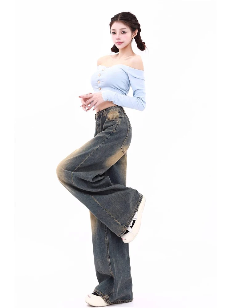 아메리칸 스타일 빈티지 워싱 와이드 레그 청바지 여성 여름 신상 하이웨이스트 루즈 슬리밍 캐주얼 롱 팬츠