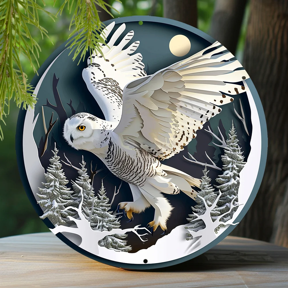 

Aluminum Sign Faux Cutout Painting Circular Wreath Sign Bedroom Decoration Thanksgiving Day Gifts Snowy Owl Theme Decoration