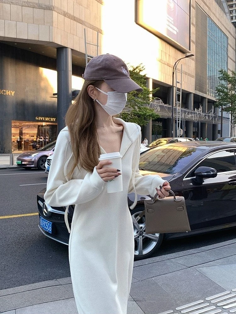 우아한 후드 스웨트셔츠 드레스 여성용 가을 겨울 슬림핏 A라인 스커트 독특한 반지퍼 디자인 편안한 출퇴근 스타일