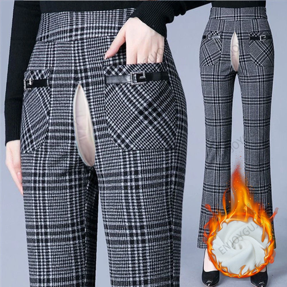 Elastic Casual Bell Bottoms Female Invisible Open Crotch Outdoor Sex High-waisted Slimming Plaid Fashion Micro Bell Bottoms