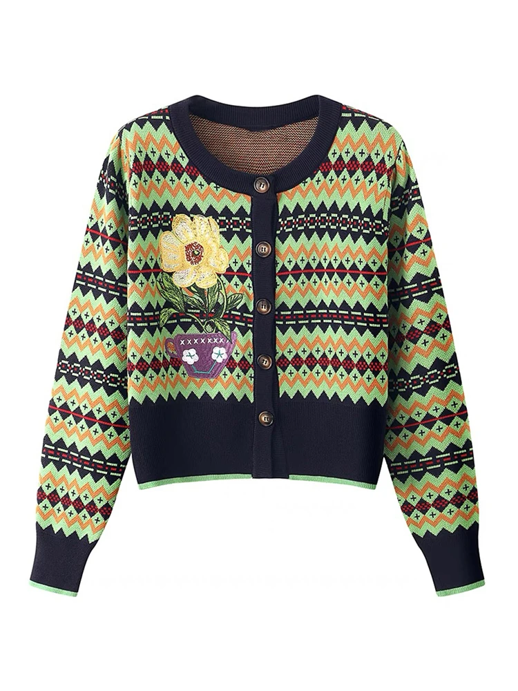 Autumn Winter New Flower Embroidery Jacquard Round Neck Short Knitted Cardigan Sweater For Women Korean Fashion Casual Jumper