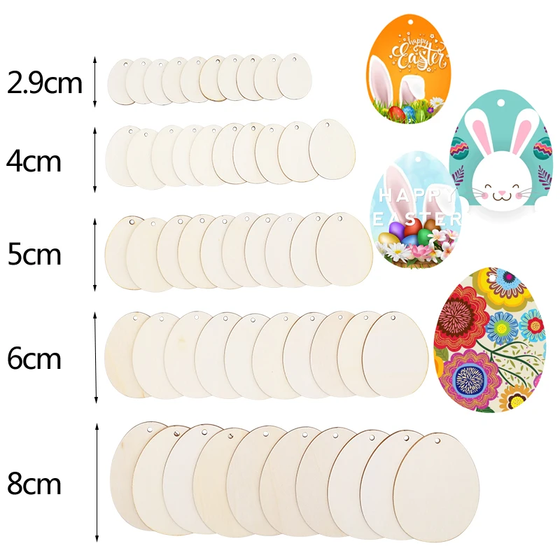 30-80mm Wooden Easter Eggs Pendants Blank Bunny Eggs Wood Chips Happy Easter Party Hanging Decoration Kids DIY Painting Crafts images - 6