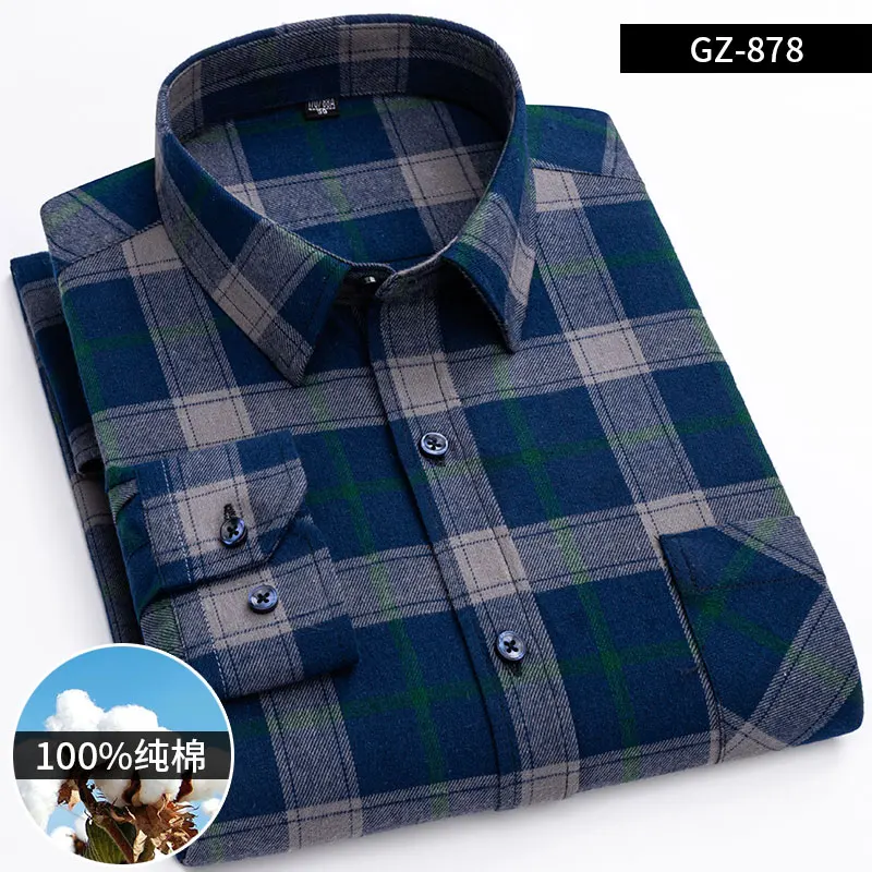 2023 New 100% Cotton Sanding Fabric  Men Casual Plaid Flannel Shirt Long-Sleeved Vintage Shirt Men\'s with Pocket