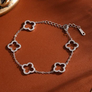 Elegant Female Stainless Steel Bracelet With Zircon Four-Leaf Clover Design Hollow Detail Fashion Accessory For Small Waist 6