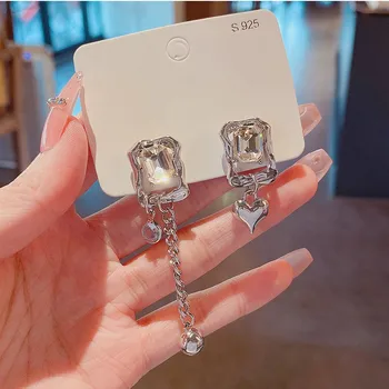 925 Silver Needle Korean Asymmetric Zircon Tassel Earrings For Women Jewelry 2025 Trending New Vintage Cool Heart Drop Earrings
