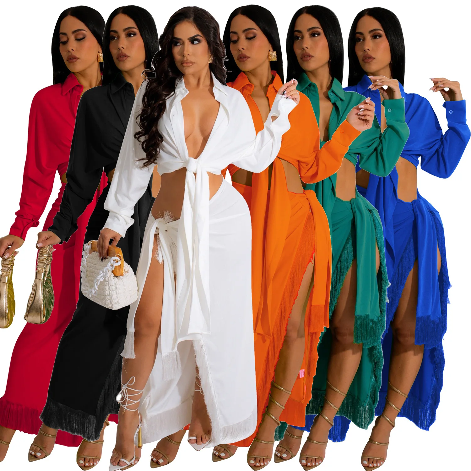 

Lace Up Summer Long Dress Set Women Plain Long Sleeve Shirt Irregular Tassel Skirt Female Dress Suits Beach Wear Vestido Robe