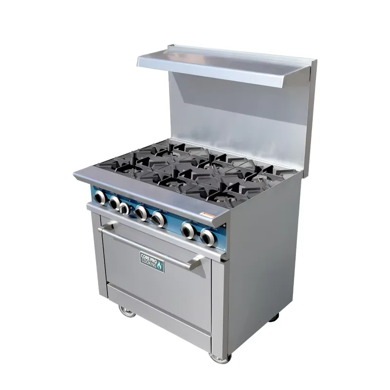 Highly Durable Commercial Gas Range Stove 6 Burner Stainless Steel Gas Cooker With Oven