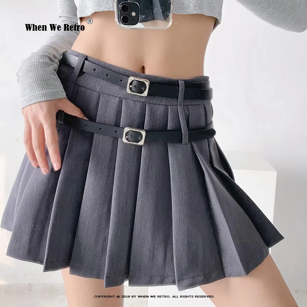 

2023 Spring Summer New Pleated Mini Skirts College Style Double Belts Decoration High Waist Short Skirt Gothic Y2K Jupe VD3691