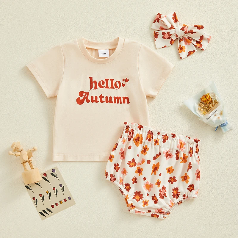 

Newborn Toddler Baby Girls Clothes Sets Short Sleeve Letters Print T-shirt Flower Print Shorts Hairband 3pcs Outfit Set