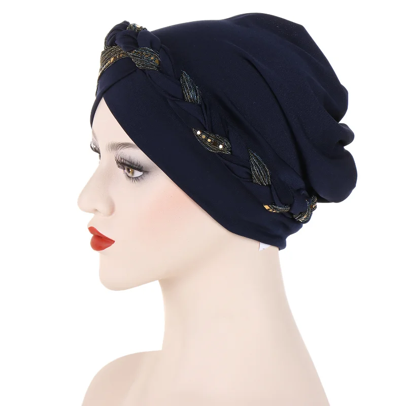 KepaHoo India Lurex Glitter Cross Braid Jersey Turban Hats Beanie Bonnet Canner Islamic Chemo Caps Solid Muslim Hair Loss Cover 6