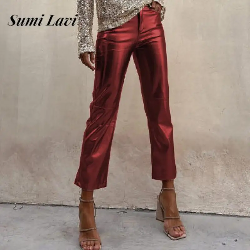 

Новые модные глянцевые шелковистые блестящие Клубные брюки, подходящие ко всему однотонные облегающие брюки до щиколотки, Осенние повседневные женские брюки с высокой талией