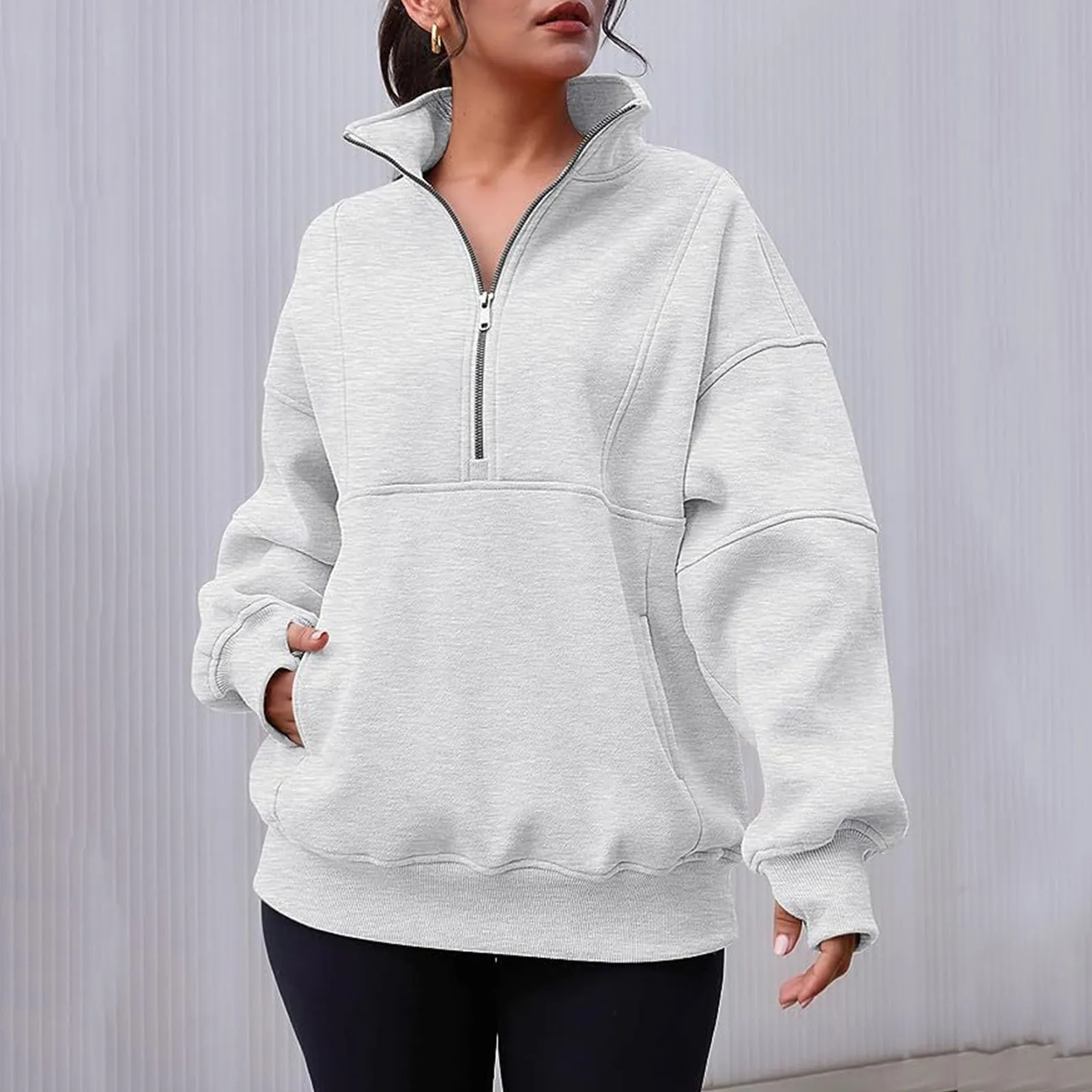 

Women's Half Zip Oversized Sweatshirts Fleece Long Sleeve Hoodies Casual Sweaters patchwork preppy style daily shirt