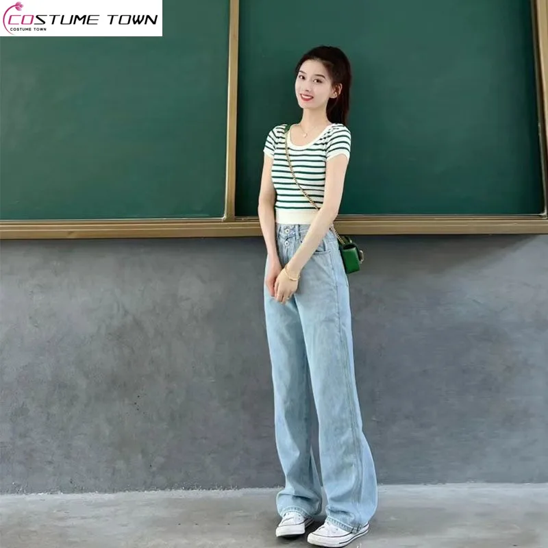 Summer Fashion Set Women's Stripe Short Knitted Top Casual Wide Leg Jeans Show Slim Wearing Style with Two Piece Set