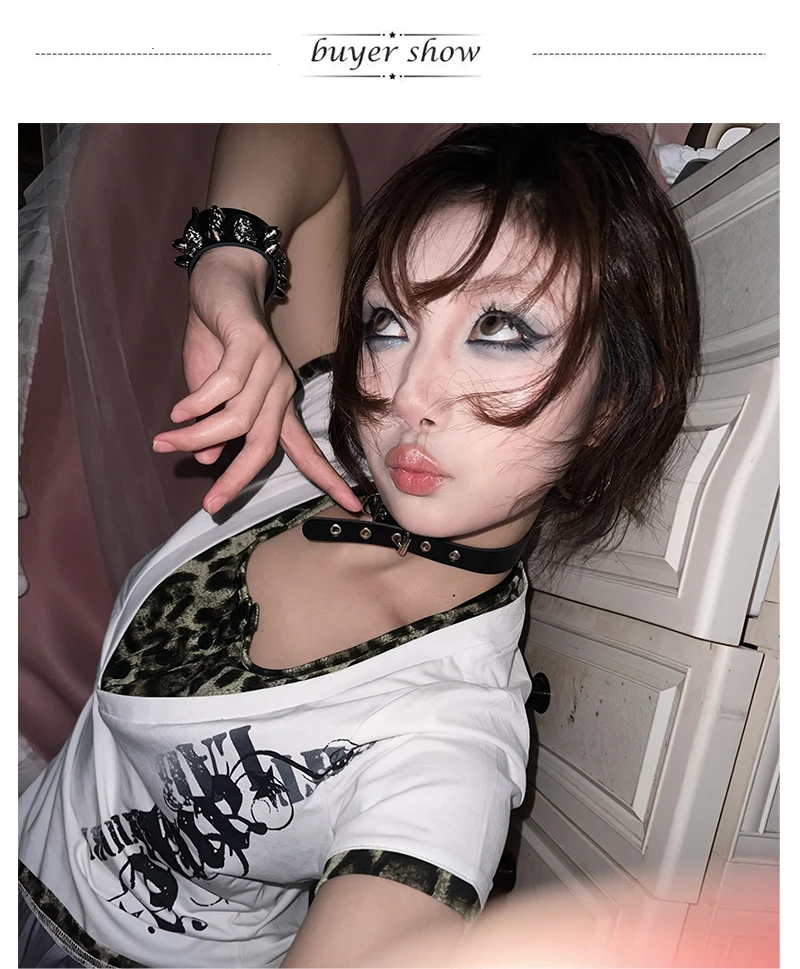 Karrcat Grunge Aesthetics Fake Zweiteilige Tops Trashy 2000er Jahre Stil Tattoo Print T-Shirt Vintage Y2k Leopard T-Shirt American Retro – Detail 2