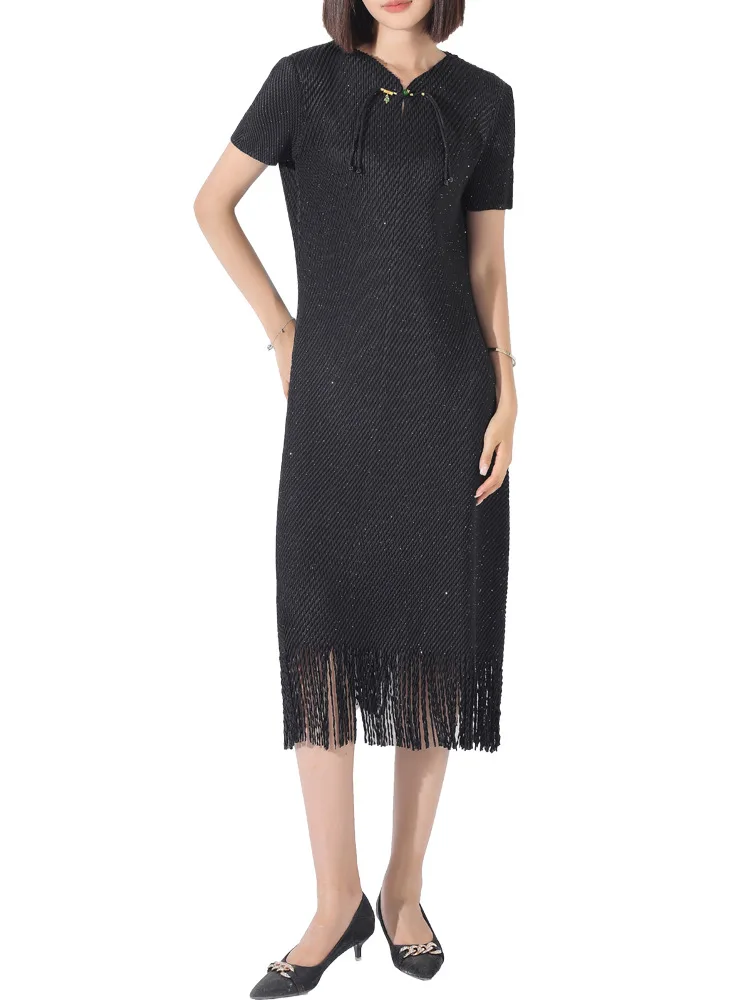 MIYAKE new Chinese style temperament slimming women's style wearing high-end mid to long qipao tassel dress [0690]