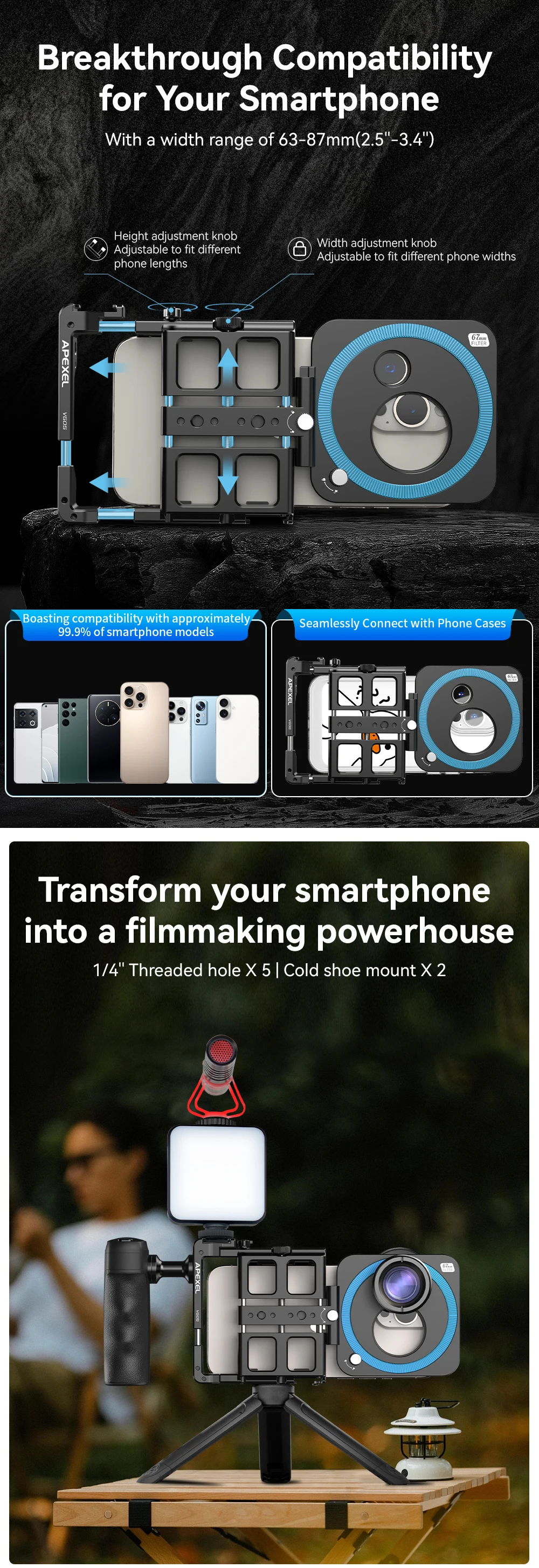 Universal Metal Phone Rig Video Kit Handheld Smartphone Vlog Cage with Rechargea