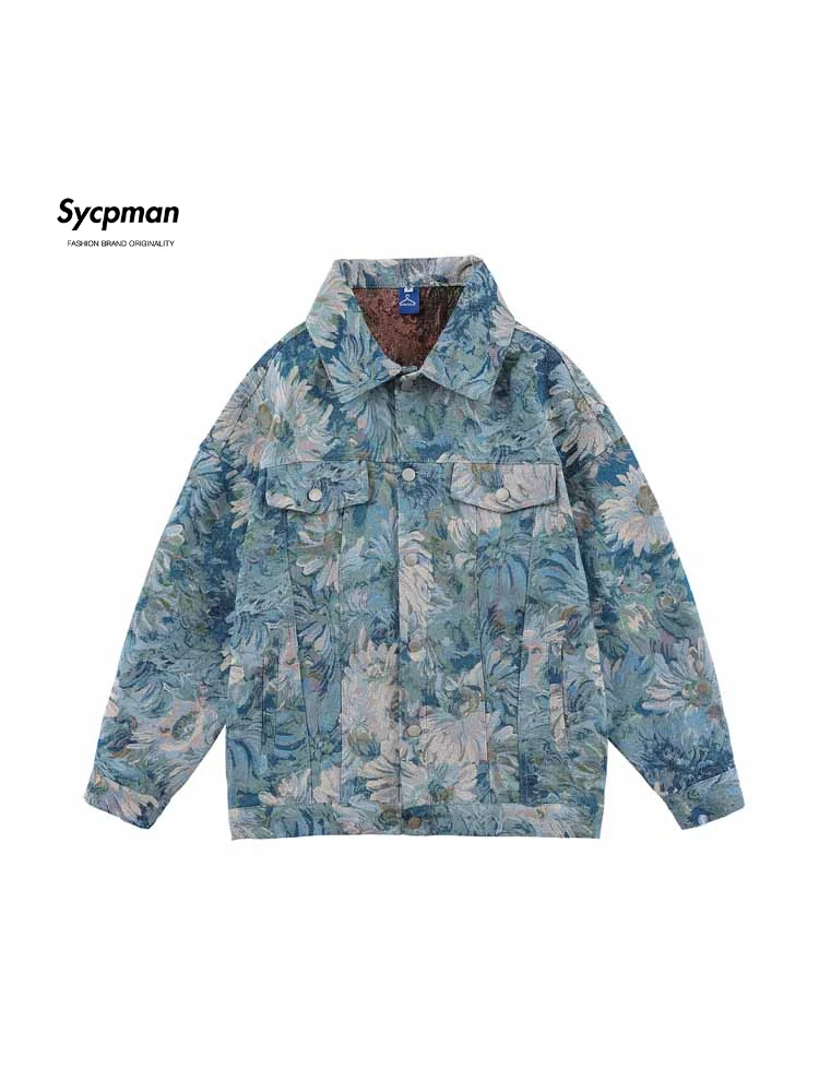 

Sycpman American Style Vintage Jacket for Men Spring and Autumn Loose Hip Hop Denim Jackets Casual Streetwear