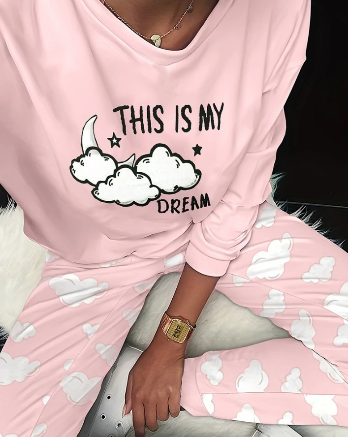 

Women's Casual This Is My Dream Graphic Print Pajamas Set Female Clothes New Spring & Summer Women Fashion Nightclothes