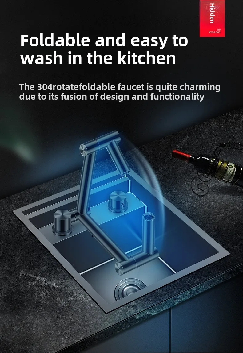 Kitchen 304 Stainless Steel Hidden Small Single Slot Sink, Island Bar with Cover, Invisible Folding Faucet Sink 35cmx45cm 6
