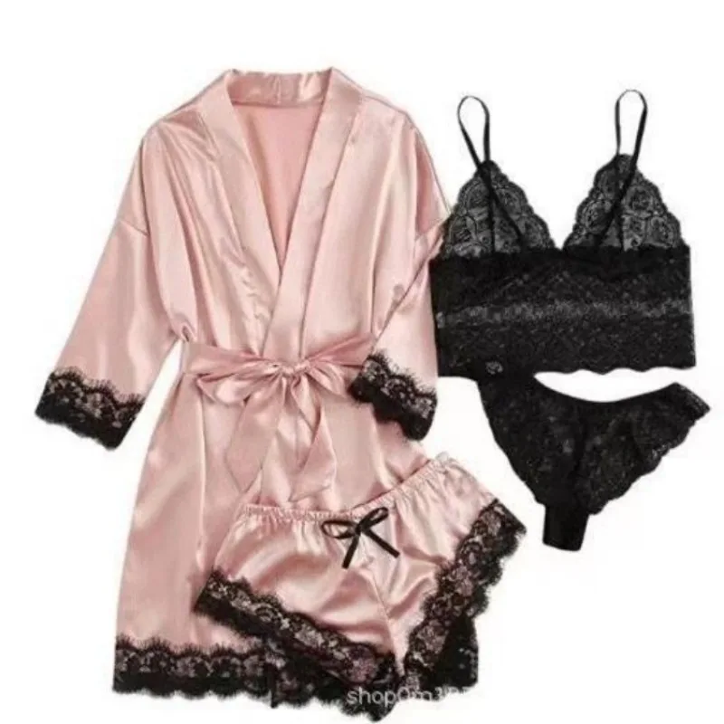 2024 Pajamas Women Autumn and Winter Sexy Hanging Straps Gold Velvet Long Sleeved Pajama Set Large Home Clothing Four Piece Set women s pajamas autumn and winter new european and american velvet pajamas sexy deep v lace up long sleeve pants home wear set