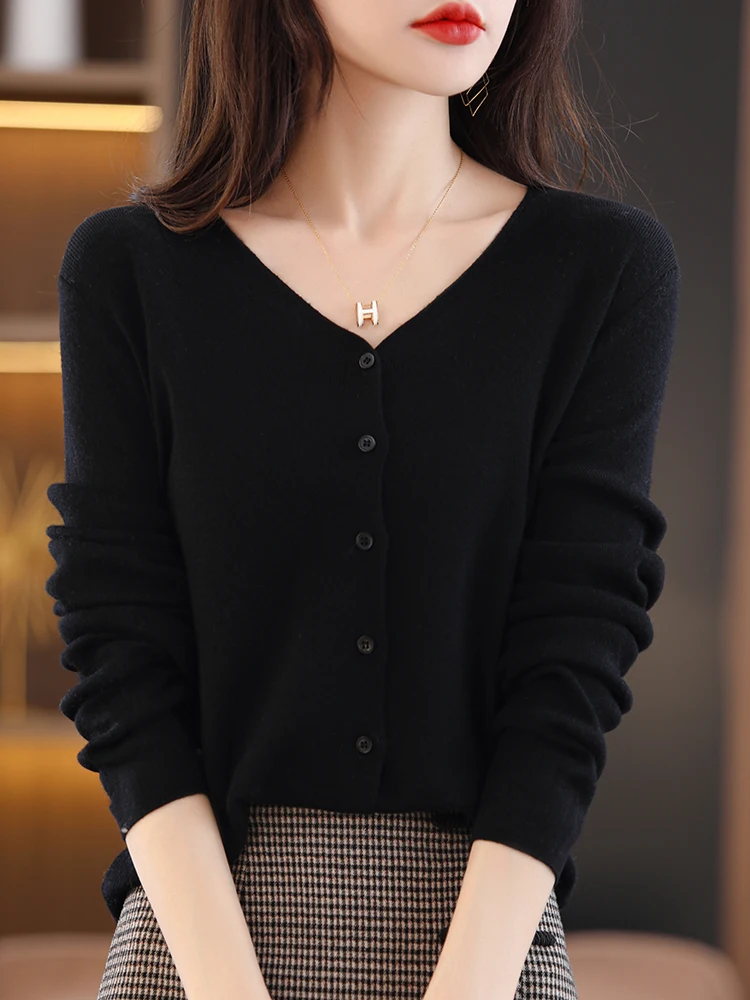 

Women's Cashmere Cardigan Solid Sweater 2023 Spring New V-neck Fashion Casual Long-sleeved Basic Versatile Thin Knitted Coat