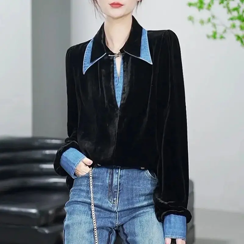 Women's Clothing Vintage Denim Patchwork Designer Blouse Korean Fashion Office Lady Casual Commuting Shirt Long Sleeve Chic Tops