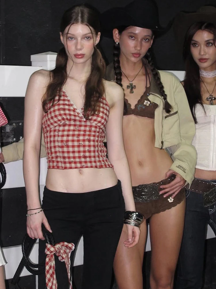 Nibber Plaid Crop Tops Women Halter v-Neck Backless Patchwork Lace Side Slit Skinny Hottie Daily Midnight Classic Sweet Vests