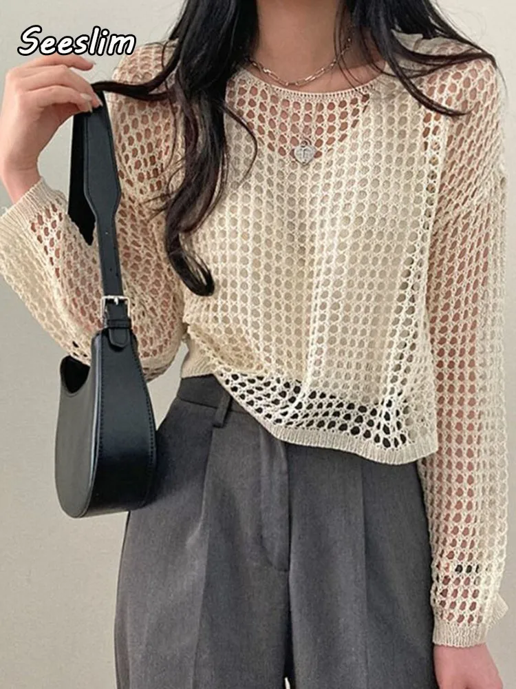 

Женский тонкий трикотажный пуловер Seeslim с вырезами, свитер с длинным рукавом и майка, комплект из двух предметов, уличная одежда в Корейском стиле для осени