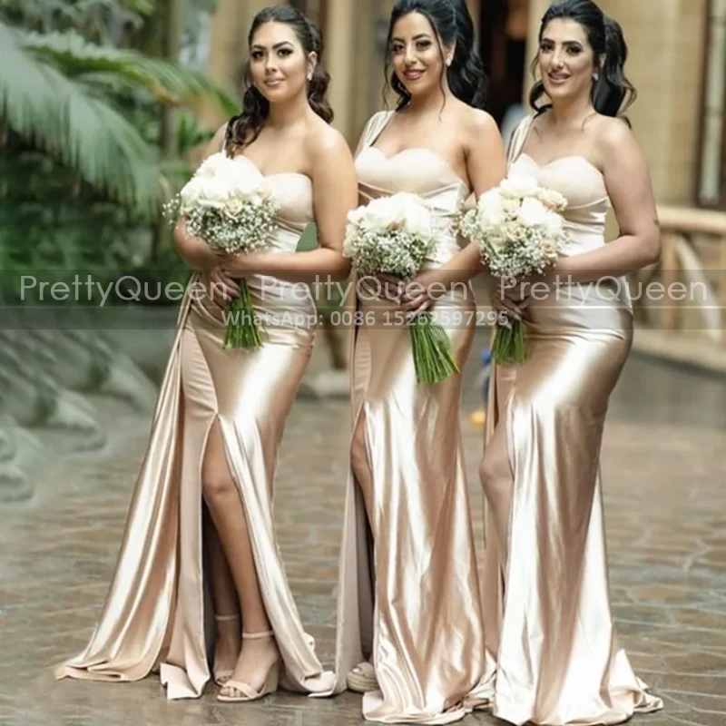 

One Shoulder Mermaid Bridesmaid Dresses With Streamer Side Split Long Sheath Maid Of Honor Wedding Party Dress