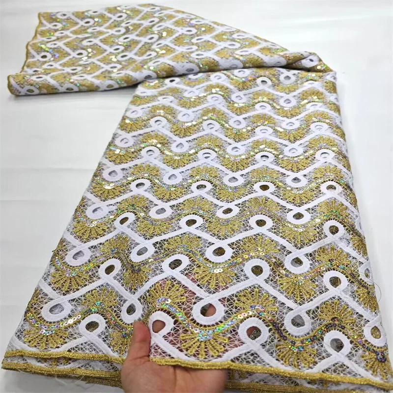 

African Cord Guipure Sequins Lace Fabric For Party Dress 2024 Gold/White High Quality Nigerian Lace Fabric For Wedding Dress