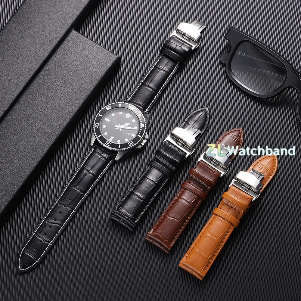 Butterfly Buckle Genuine Calfskin Leather Watch Strap - Universal Replacement Bands