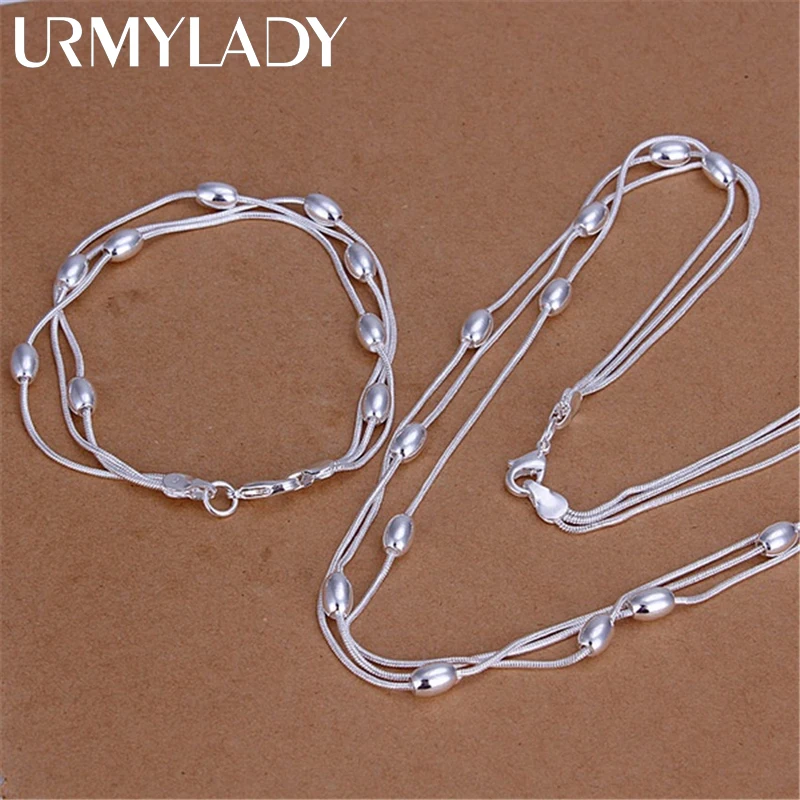 

Street all-match tassel oval beads 925 Sterling Silver Bracelet necklace Jewelry set for women Fashion wedding Party gift
