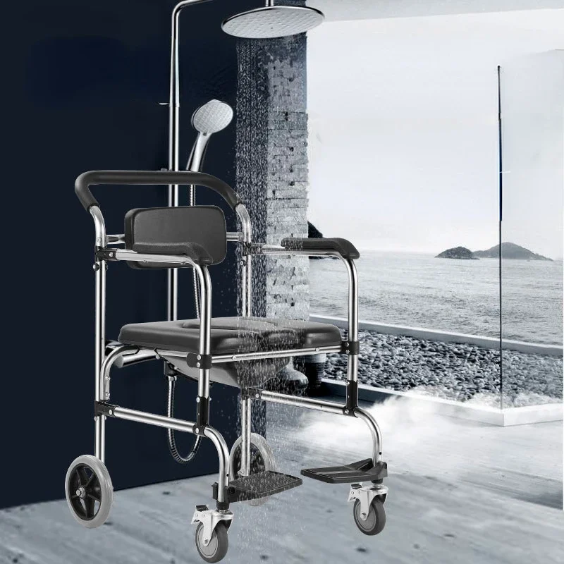 Stainless Steel Toilet Chair on Wheels - Portable Commode for Disabled, Durable Bath Seat, Easy-to-Clean Household Use 2
