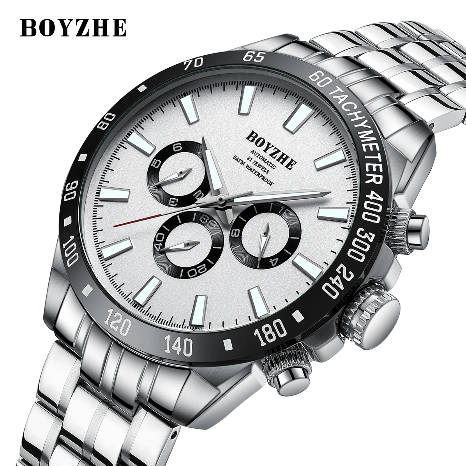 

BOYZHE 2023 New Luxury Brand Watch Men Full Steel Automatic Mechanical Business Watches Sports Luminous Waterproof Wristwatches