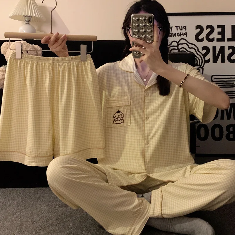 

2023 Oversized Loose Fitting Pajamas, Women'S Cartoon Pudding Dog, Summer Three Piece Set, Short Sleeved Japanese Plaid Home Wea
