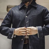 Maden Retro Men's 16.5oz Denim Jackets Heavyweight Cotton Lapel Jacket Solid Color Printed Classic Coat for Autumn Outerwear 1