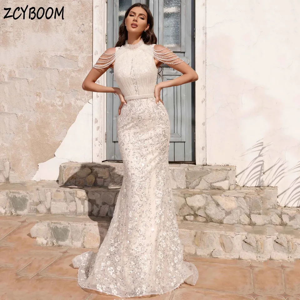 

Charming High-Neck Sleeveless Flowers Sequin Evening Dress 2024 Mermaid Floor Length Sweep Train Custom Made Zipper Prom Dress