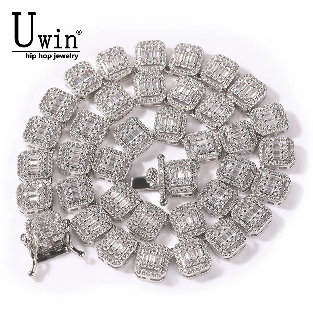 Uwin 10mm Baguetter Chain Square CZ Paved Bling Pink Iced Out Choker Necklace Hiphop Jewelry  For Gift