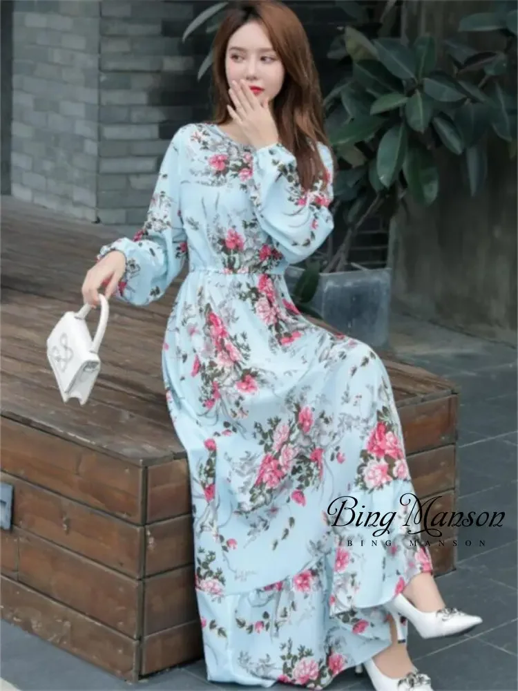 

Floral Print Muslim Dress Women Abayat Big Swing Long Dresses Robe Femme Musulmane Muslim Hijab Abaya Ramadan Islamic Clothing