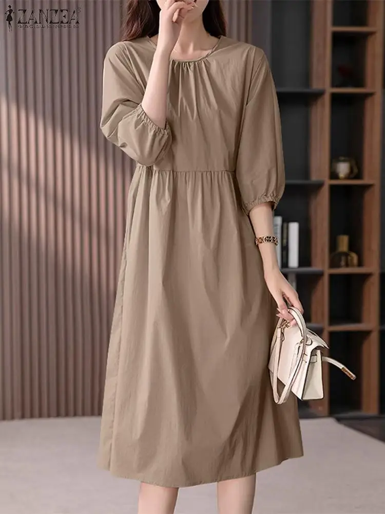 

Fashion Women Casual Party Work SundressZANZEA Summer Elegant Solid Midi Dress Vintage O Neck 3/4 Sleeve Vestido Robe Femme