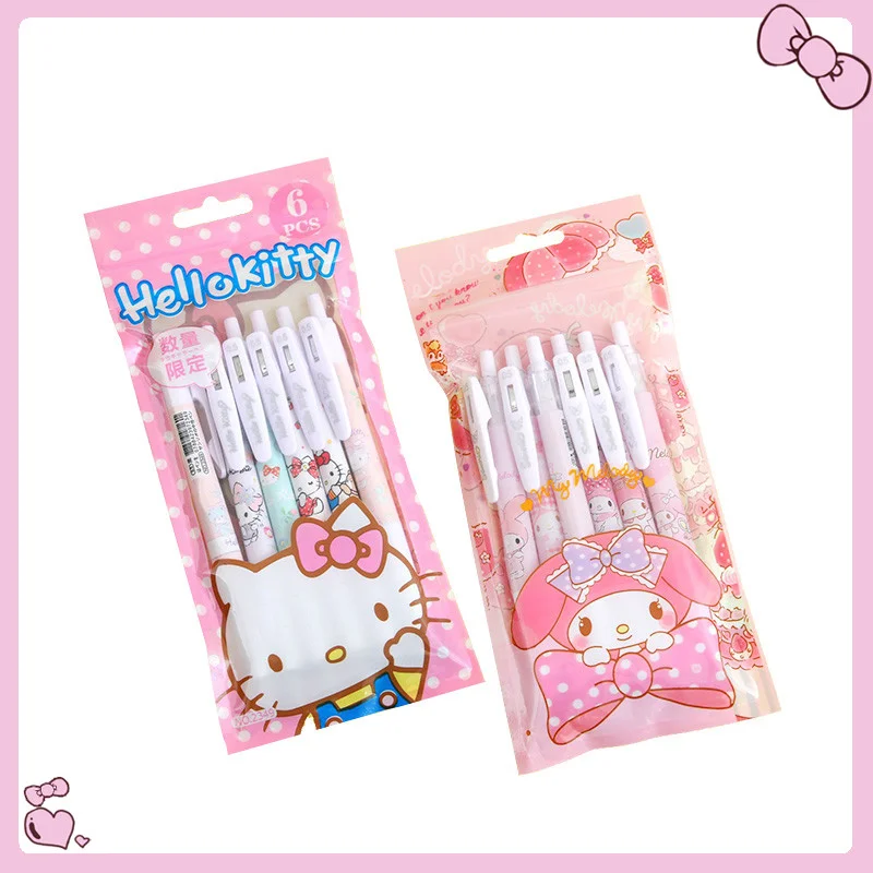 6pcs/set Sanrio Anime Series Pencil Kuromi Cinnamoroll Hello Kitty Cartoon Print Gel Pen Kawaii