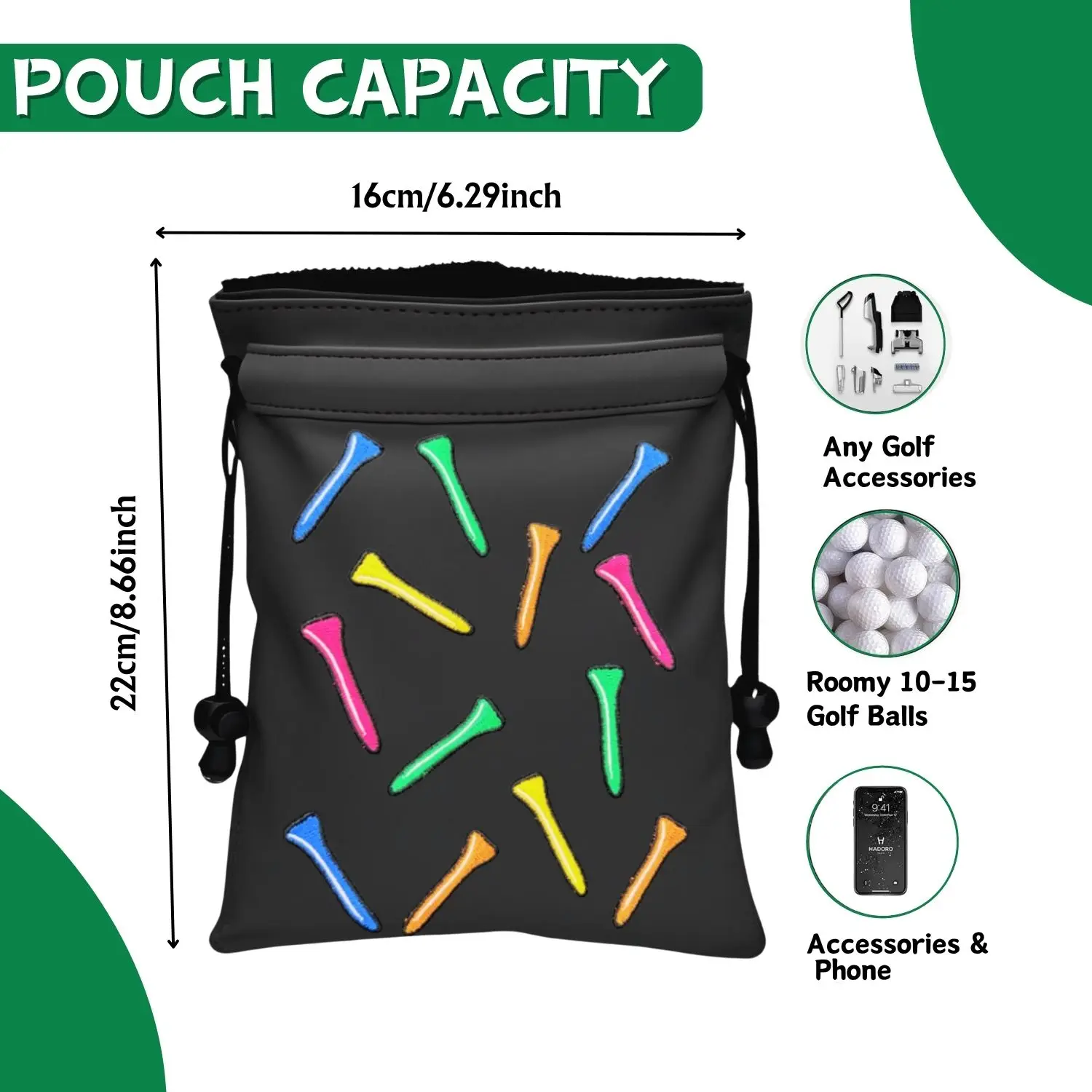 Whimsical Golf Tee Pattern PU Leather Valuables Pouch with Drawstring Closure