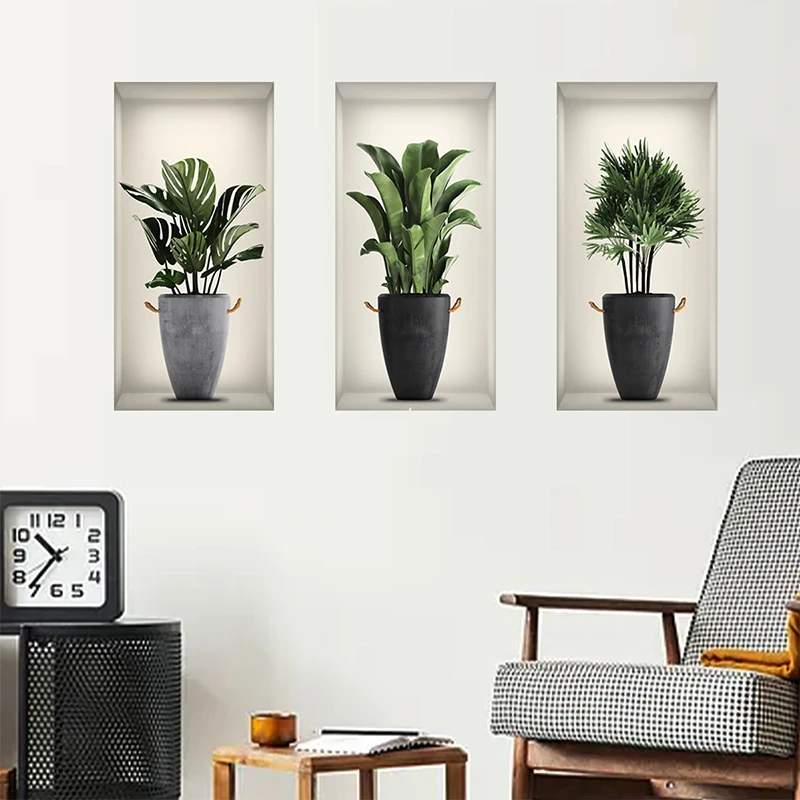 

3 Sheets Green Plant Potted Plant Wall Sticker 3D False Window Wall Sticker Vinyl Living Room Background Decoration Wall Decal