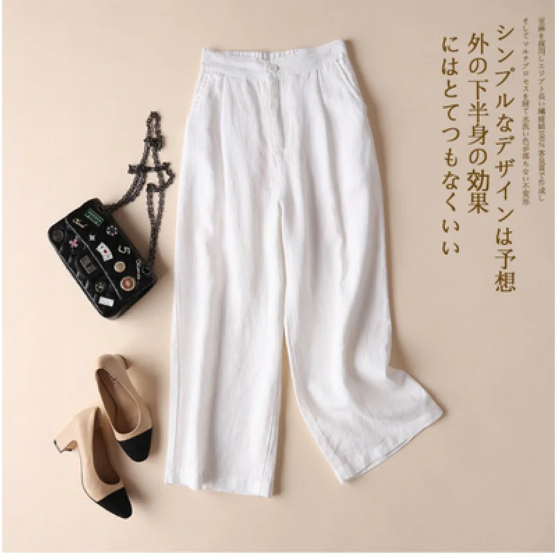 Women Cotton Linen Loose Comfort Elastic Waist Harem Vintage Solid Casual Pockets Wide Leg Trousers Cropped