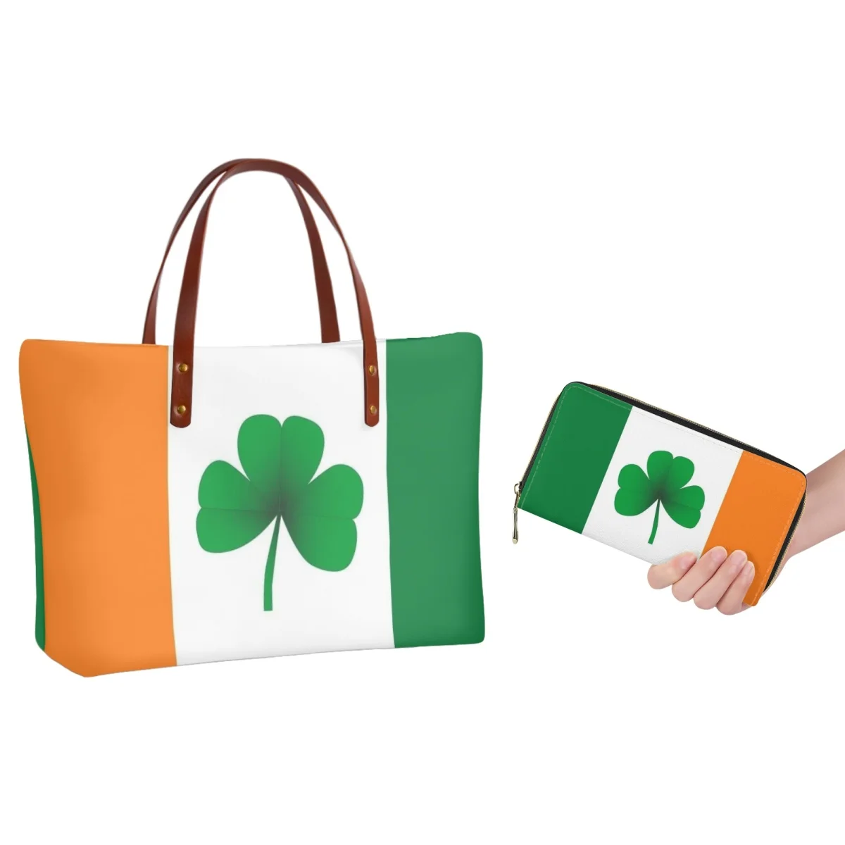 

FORUDESIGNS High Street Handbag Irish Flag Clover Design Combo Bag Zipper Wallet St. Patrick's Day Theme Large Capacity Handbags