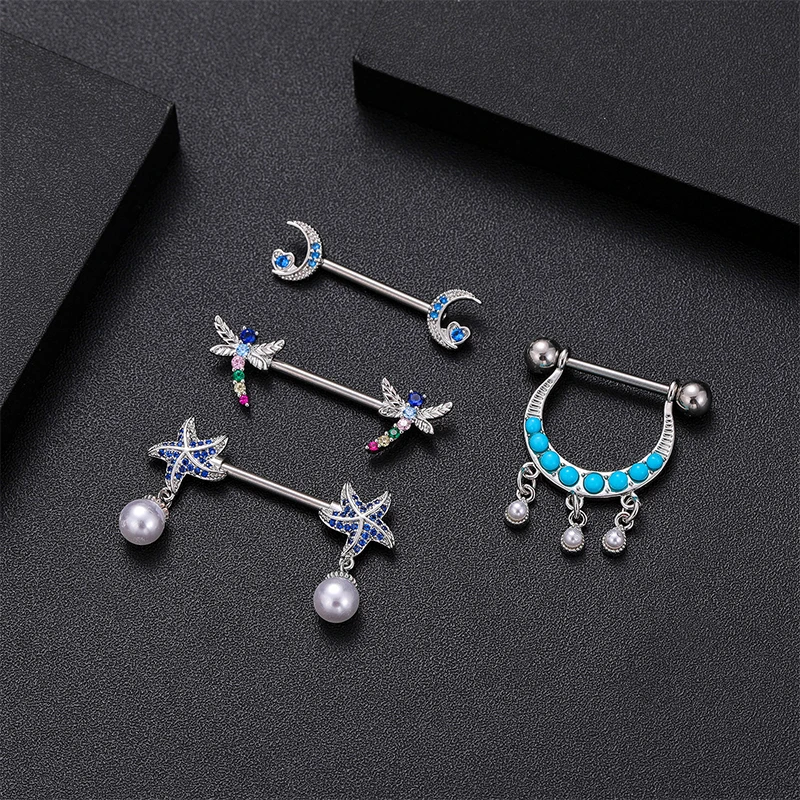 2pcs Crystal Czs Nipple Piercings Barbell Red Blue Color Butterfly Moon