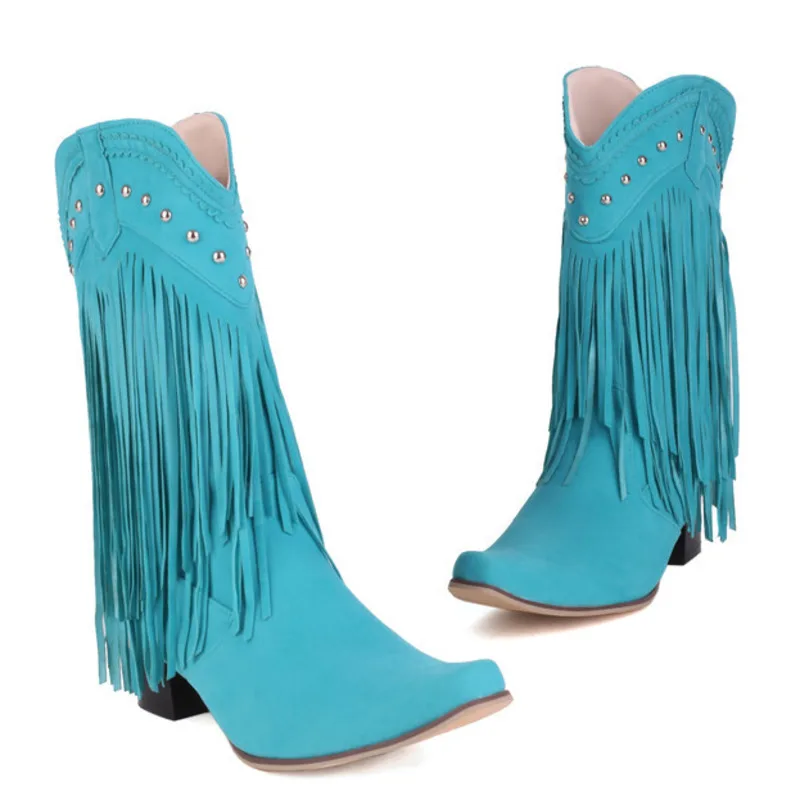 Women Tassel Cowgirl Boots Shoes 2022 New Fringe Middle Heels Western