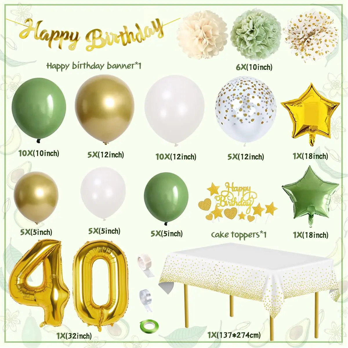 Decoraciones de fiesta de cumpleaños verde y dorado para hombres, mujeres y  niñas, 145 piezas de suministros de fiesta de cumpleaños, kit de guirnalda