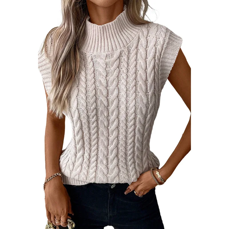 

Turtleneck Women Solid Thick Sleeveless Vest Tops Twist Knitted Autumn Winter Sweaters Pullovers Regular Loose Casual 2024