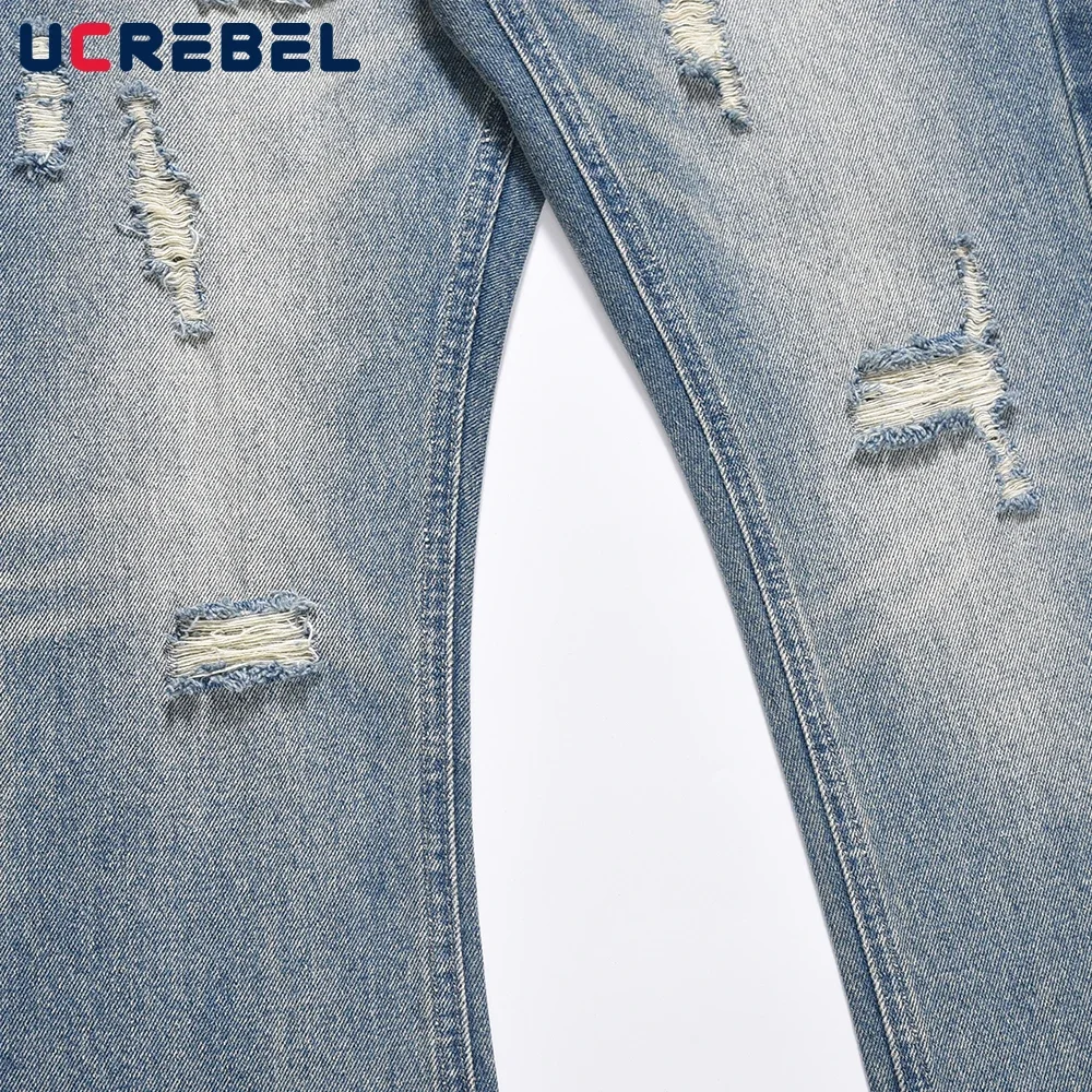 Ripped Hole Casual Denim Pants Mens Retro Washed Distressed Loose Straight-leg Vibe Style Flared Pants 5